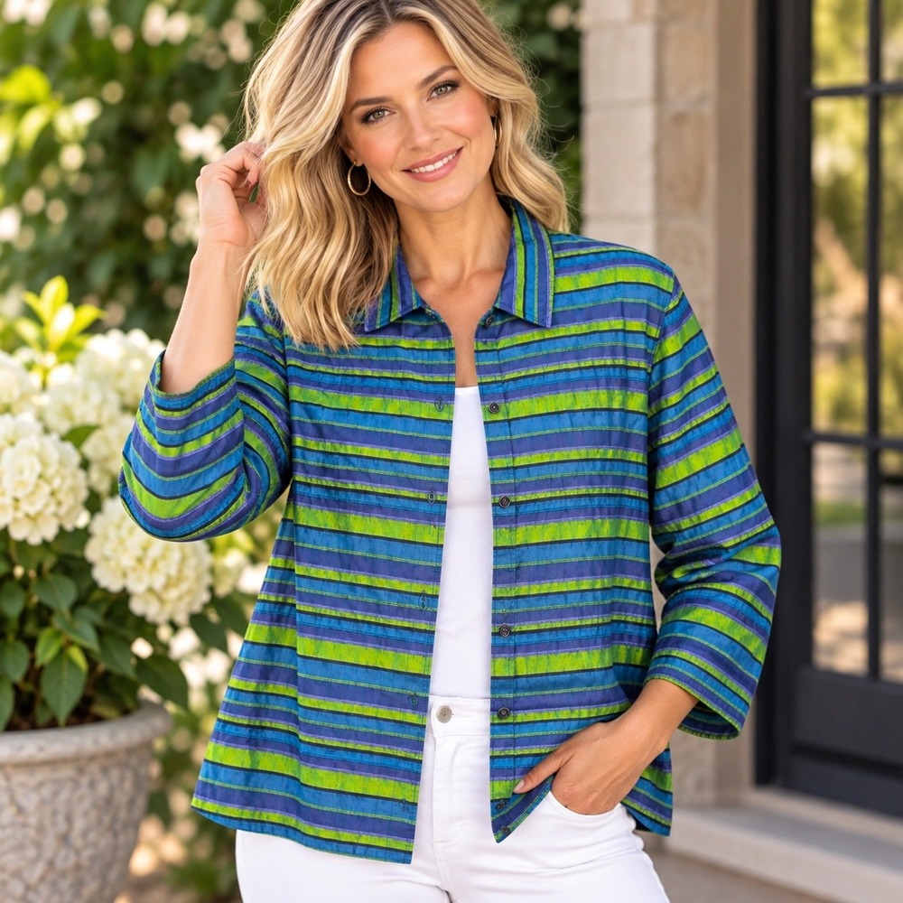 CLOTHES Woman Button Down Jackett 2X Jewel Colors Ribbon Striped 3/4 Sleeve